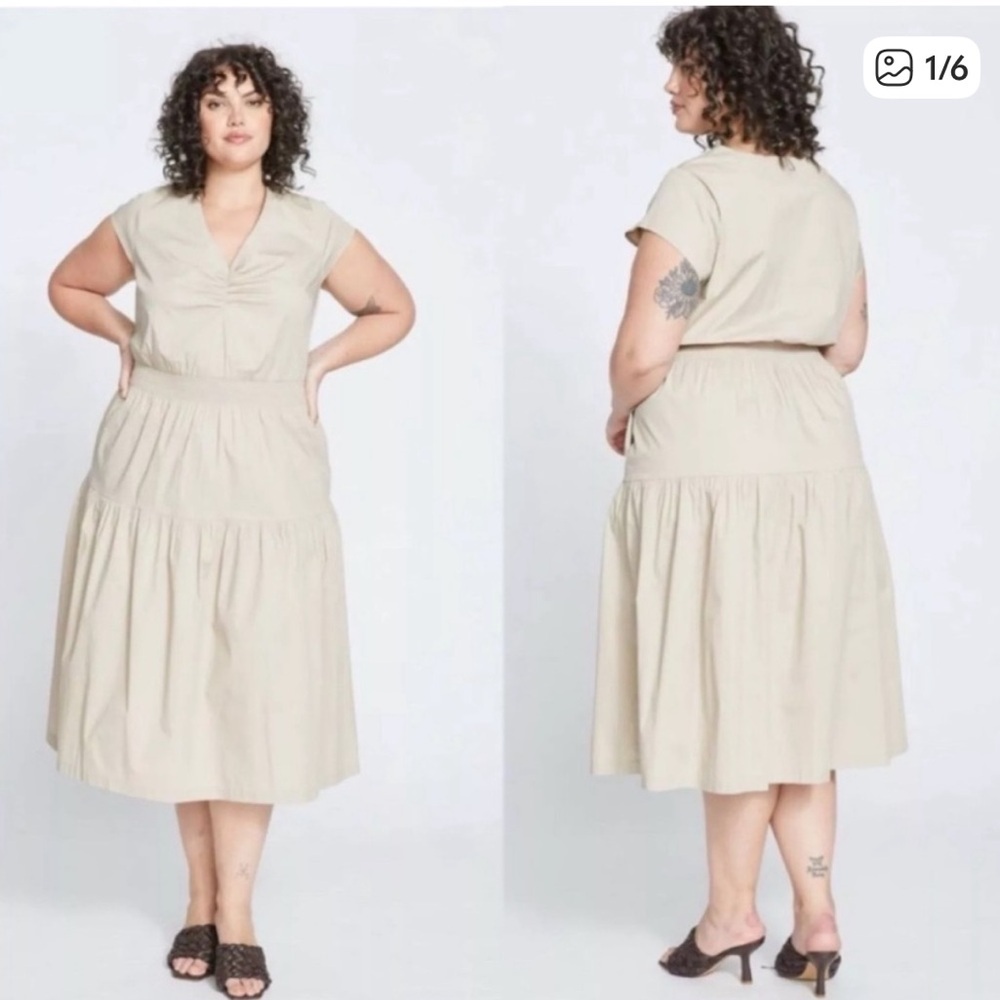 Universal Standard Ambroeus Smocked Tiered Stretch Poplin Dress 2XS Brown